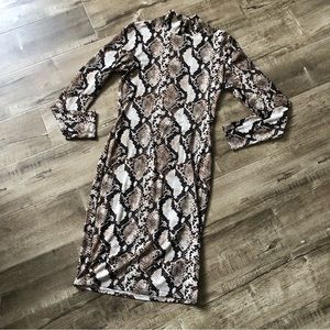 Leith Brown Reptile Snakeskin Fitted Mock-neck dress